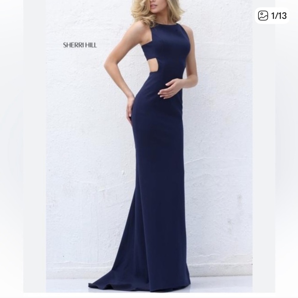 Sherri Hill navy blue prom formal dress gown train side cut out